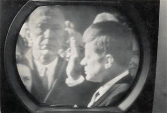 (KENNEDY, JOHN F.) Mini-album with 14 snapshots made of a television screen depicting Kennedys presidential inauguration.
